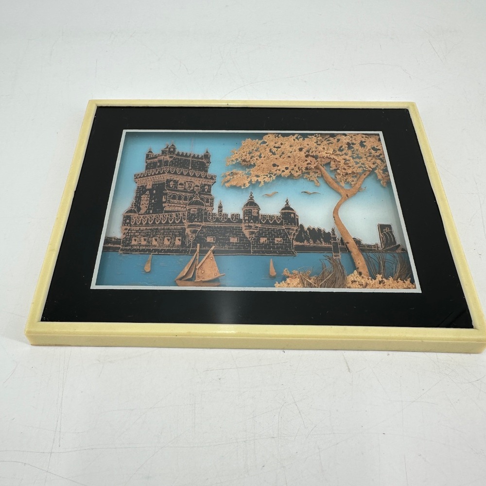 Vintage Portugal 3D Cork Art Belem Tower Lisbon Castle Shadowbox Frame